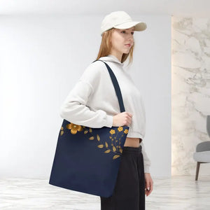 Tote Bag - Gold Flowers Navy Blue All Over Print - Dipaliz - Bags