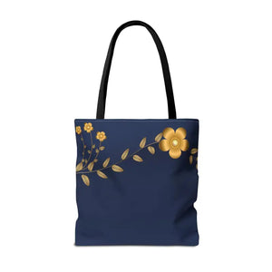Tote Bag - Gold Flowers Navy Blue All Over Print - Dipaliz - Bags