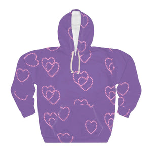 DipaliZ purple pullover hoodie with an all-over pink hearts print in 86% polyester