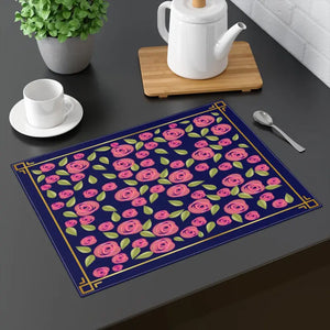 Pink Roses Placemat Navy Blue Elegant Dining Decor - Dipaliz - 18’’ × 14’’ - Placemats