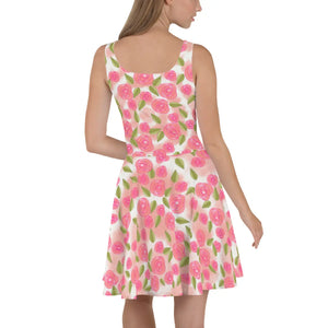 Pink Roses Skater Dress – Eco Flared Skirt - Dipaliz - Dresses - Xs