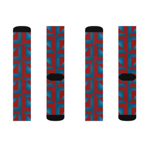 Vibrant Blue Abstract Pattern Socks - Red Accents - Dipaliz