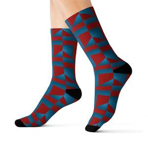 Vibrant Blue Abstract Pattern Socks - Red Accents - Dipaliz