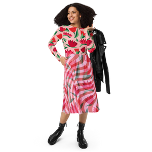 Red Flower Long Sleeve Midi Dress – Organic Cotton - Dipaliz - Dresses - Xs