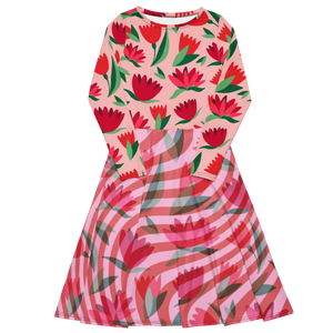 Red Flower Long Sleeve Midi Dress – Organic Cotton - Dipaliz - Dresses - Xs