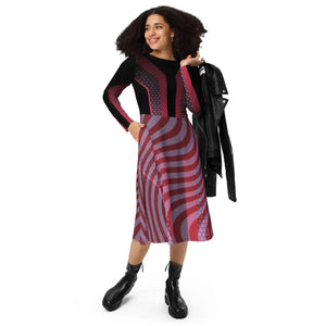 Red Striped Long Sleeve Midi Dress – Jersey - Dipaliz - Dresses - Xs