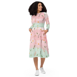 Pink and Green Floral Dress – Long Sleeve Midi - Dipaliz - Dresses - Xs