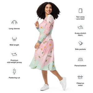 Pink and Green Floral Dress – Long Sleeve Midi - Dipaliz - Dresses - Xs