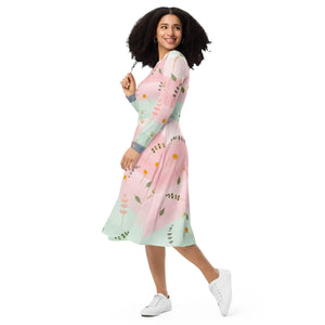 Pink and Green Floral Dress – Long Sleeve Midi - Dipaliz - Dresses - Xs