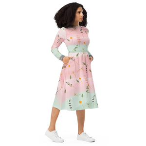 Pink and Green Floral Dress – Long Sleeve Midi - Dipaliz - Dresses - Xs