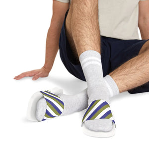 DipaliZ men's slide sandals with green and purple stripes on a white sole