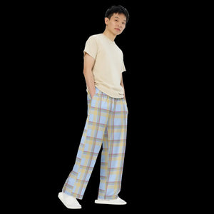 Blue Checkered Wide Leg Pants - Polyester Elastane - Dipaliz