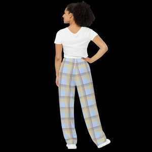 Blue Checkered Wide Leg Pants - Polyester Elastane - Dipaliz