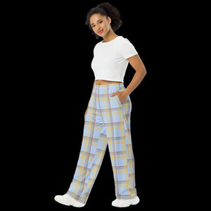 Blue Checkered Wide Leg Pants - Polyester Elastane - Dipaliz