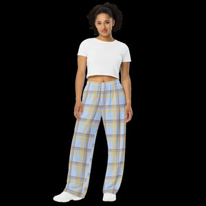 Blue Checkered Wide Leg Pants - Polyester Elastane - Dipaliz