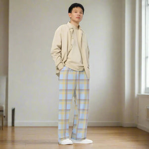 Blue Checkered Wide Leg Pants - Polyester Elastane - Dipaliz