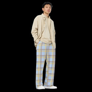 Blue Checkered Wide Leg Pants - Polyester Elastane - Dipaliz
