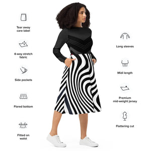 Wavy Black Stripes Long Sleeve Midi – Date Night - Dipaliz - Dresses - Xs