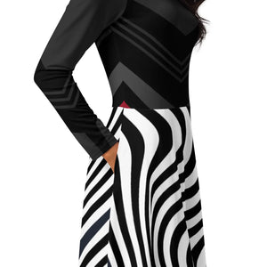 Wavy Black Stripes Long Sleeve Midi – Date Night - Dipaliz - Dresses - Xs