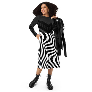 Wavy Black Stripes Long Sleeve Midi – Date Night - Dipaliz - Dresses - Xs