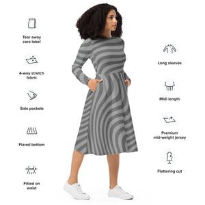 Wavy Grey Stripes Print Long Sleeve Midi - Dipaliz - Dresses - Xs