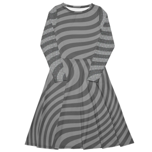 Wavy Grey Stripes Print Long Sleeve Midi - Dipaliz - Dresses - Xs