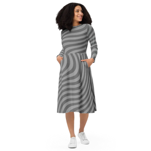 Wavy Grey Stripes Print Long Sleeve Midi - Dipaliz - Dresses - Xs
