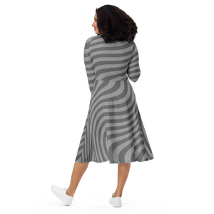 Wavy Grey Stripes Print Long Sleeve Midi - Dipaliz - Dresses - Xs