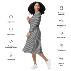 Wavy Grey Stripes Print Long Sleeve Midi - Dipaliz - Dresses - Xs