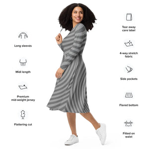 Wavy Grey Stripes Print Long Sleeve Midi - Dipaliz - Dresses - Xs