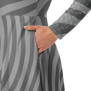 Wavy Grey Stripes Print Long Sleeve Midi - Dipaliz - Dresses - Xs
