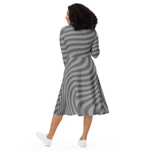 Wavy Grey Stripes Print Long Sleeve Midi - Dipaliz - Dresses - Xs