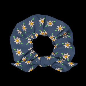 Recycled Scrunchie - Navy Blue White Flowers Hair Tie - Dipaliz - Ponytail Holders