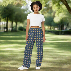 Wide Leg Pants Navy Blue Floral Print Comfort Style Dipaliz