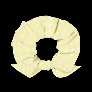 DipaliZ white polka dot scrunchie in recycled polyester with spandex