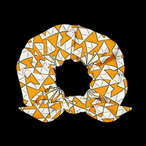 DipaliZ yellow abstract scrunchie printed with interlocking triangles on recycled microfibre