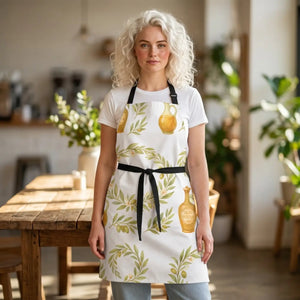 Italian Olive Oil Wreath Apron, Kitchen Cooking with Rustic Bottle Pattern - Aprons