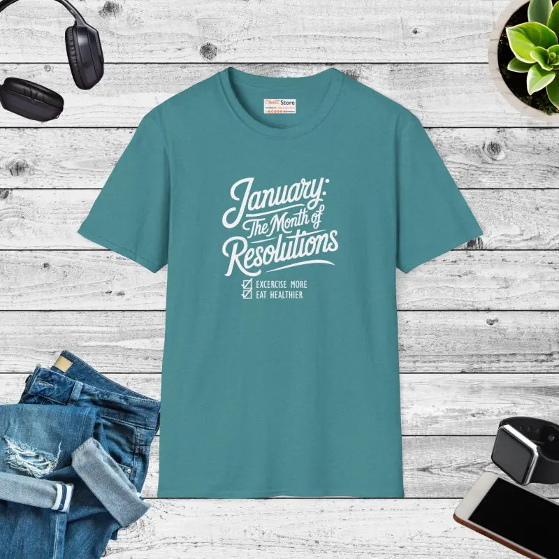 January Resolutions Unisex Softstyle T-shirt in Ring-spun Cotton - s / Heather Galapagos Blue T-shirt