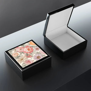 Elegant Peonies Pattern Jewelry Box - Glossy Ceramic Tile - Dipaliz