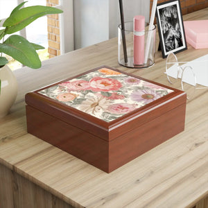 Elegant Peonies Pattern Jewelry Box - Glossy Ceramic Tile - Dipaliz