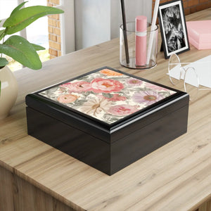 Elegant Peonies Pattern Jewelry Box - Glossy Ceramic Tile - Dipaliz