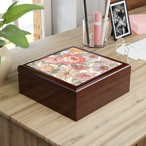 Elegant Peonies Pattern Jewelry Box - Glossy Ceramic Tile - Dipaliz