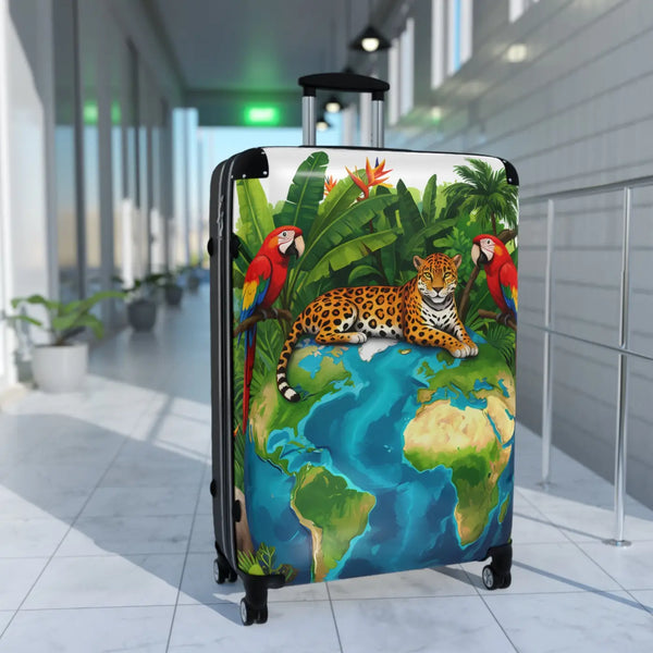 Jungle Globe Carry-on Suitcase, Leopard & Parrot Travel Luggage - Large / Black - Bags