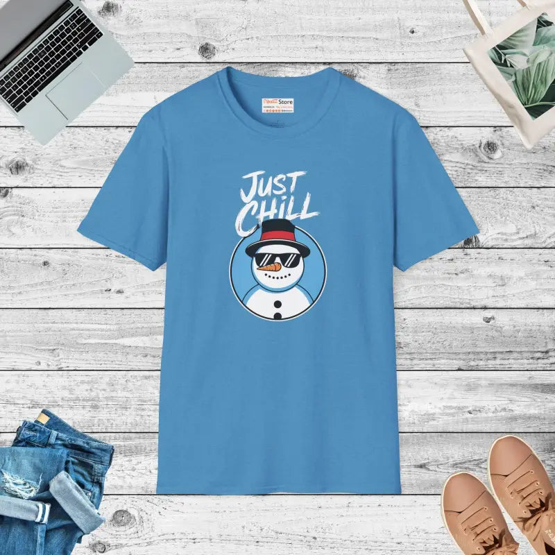 Unisex Softstyle just Chill Snowman T-shirt - Cozy Ring-spun Cotton - s / Heather Sapphire T-shirt