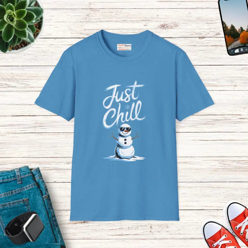 Just Chill Snowman Unisex Softstyle T-shirt in Ring-spun Cotton - s / Heather Sapphire T-shirt