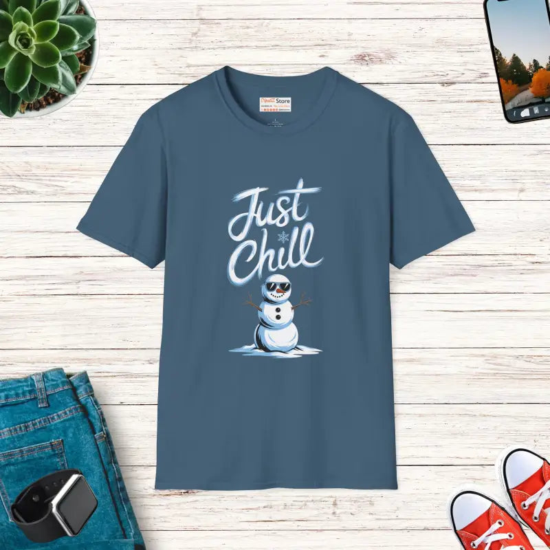 Just Chill Snowman Unisex Softstyle T-shirt in Ring-spun Cotton - s / Indigo Blue T-shirt