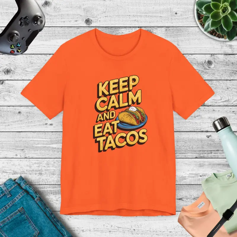 Rock in Style: Keep Calm Eat Tacos Unisex Jersey Tee - Orange / Xs T-shirt