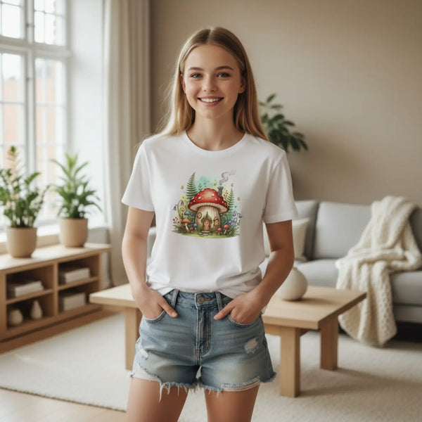 Kids Mushroom Cottage T‑shirt Cute Woodland Fairy House Tee for Youth - T-shirts - s