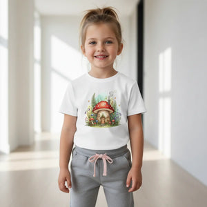 Kids Mushroom Cottage T‑shirt Cute Woodland Fairy House Tee for Youth - T-shirts - s