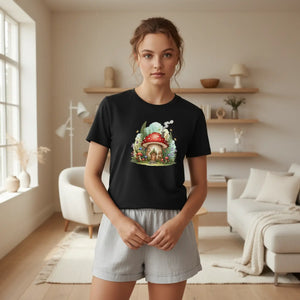 Kids Mushroom Cottage T‑shirt Cute Woodland Fairy House Tee for Youth - T-shirts - s